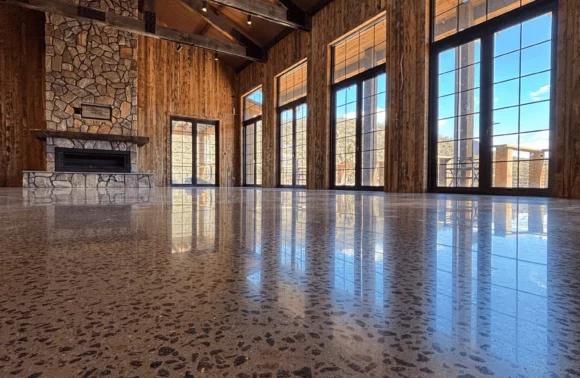 Spacious interior with wooden beams and stone fireplace; polished floor reflects large windows and natural light